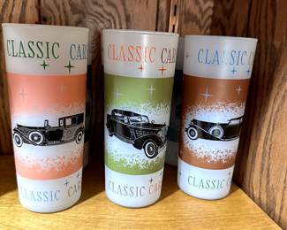 Set of EIGHT Vintage Frosted Classic Car Dining Glasses! MINT! Second three!