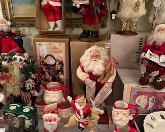 The Christmas Department is coming along nicely! There are MANY collections throughout! Here is the Santa table! 8 solid feet of Santas from Vintage to Modern! MANY in their original boxes! There are some rally nice Vintage Santas!