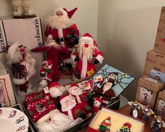 The Christmas Department is coming along nicely! There are MANY collections throughout! Here is the Santa table! 8 solid feet of Santas from Vintage to Modern! MANY in their original boxes! (Note the Jacobsons boxes along the back...that store closed in 2001!)