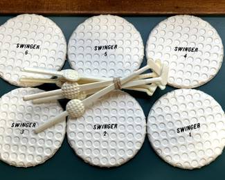 A sweet set of 6 SWINGER Gold Ball Coasters and Stirrers!