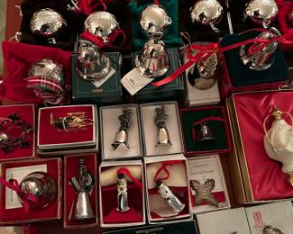The Christmas Department is coming along nicely! There are MANY collections throughout! Here is a collection of Silver bells and other silver ornaments! They are made up of Waterford, Wallace, Reed & Barton, Gorham and Empire Silver companies and more! As you can see, most of them are in their original boxes!