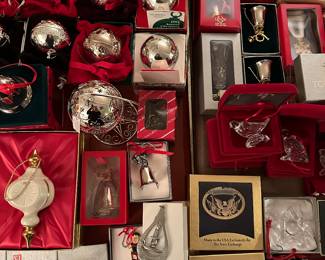The Christmas Department is coming along nicely! There are MANY collections throughout! Here is a collection of Silver bells and other silver ornaments! They are made up of Waterford, Wallace, Reed & Barton, Gorham and Empire Silver companies and more! As you can see, most of them are in their original boxes!