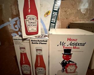 Three great Vintage Heinz Tomato Ketchup Bottle Phones and two Heinz "Mr. Aristocrat" Tomato Man Alarm Clocks! ALL MINT IN THEIR ORIGINAL BOXES!