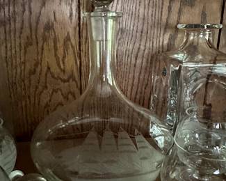 This is just a beautiful Cut Grass Crystal Decanter and matching Glasses! The Schooner motif is stunning!