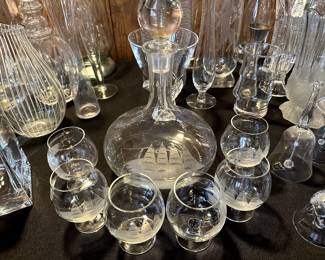 Lovely Clear Glass! Every possible iteration of glass is here! Make sure you look through the close up pics! This is a STUNNING cut glass Schooner Decanter and Glass Set!