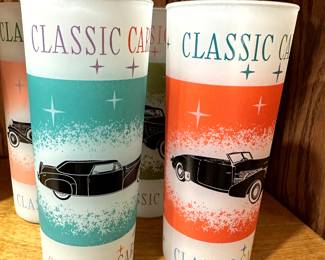 Set of EIGHT Vintage Frosted Classic Car Dining Glasses! MINT! Final two!