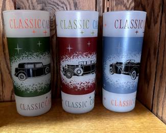 Set of EIGHT Vintage Frosted Classic Car Dining Glasses! MINT! First three!