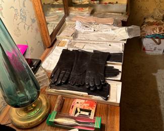 Love the MCM lamp on this dresser! Down the line you can see ALL the wonderful leather, silk and fine cotton gloves!