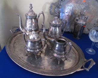 Silver Plate Tea Set:  Coffee, Tea, Creamer/Sugar & Tray