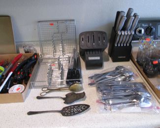 Assorted Kitchen Tools, Flatware & Knife/Block Set
