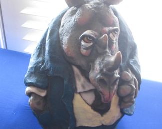 Ceramic "Rhino in Blue Suit" by Todd Warner, 13" X 9"