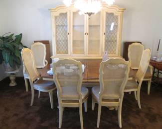 Dining Room Table/6-Chairs, 2-16" Leaves & Pads.                 2-Tone Finish by Stanley, 66" X 44"                                                       Matching China Cabinet, 70" X 18" X 84" 