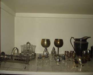 Vintage Silver Plate & Glass Variety: Salt/Pepper, Pitcher, Ice Bucket, Coffee Carafe, Covered Casseroles in Cradles, Wine Goblets, Stemware on Tray