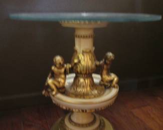 "Hollywood Regency" Figural Pedestal Base & Glass Top & Gold Embellished Detail