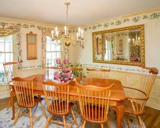 Handmade cherry wood dining set, large mirror, rug for sale