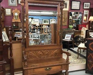 Love this Oak 8 ft tall hall tree. Barley twist arms, legs and sides Drawer for storage. Stunning piece