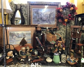This is our man cave. Perfect gifts. Ducks Unlimited prints signed, Steins, Books, Fishing basket with leather strap, mugs, wood fish, Duck bookend etc.