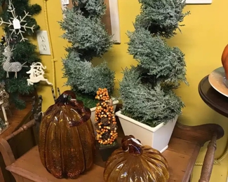 Another Great oak Wash Stand with Amber glass pumpkins and topiary trees