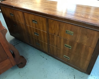 9 Drawer Walnut Campaign Style Dresser.