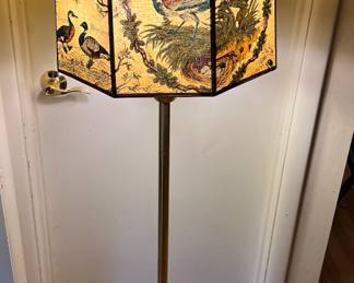 Brass floor lamp with canvas bird shade