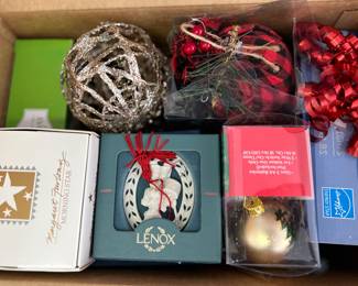 Assorted holiday ornaments and decor