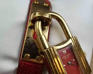 Hermes Gold Plated Womens Kelly Lock Watch With Red Leather Band