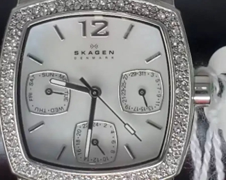 Skagen Denmark Ladies Crystal Bezel Wrist Watch with Mother of Pearl Face