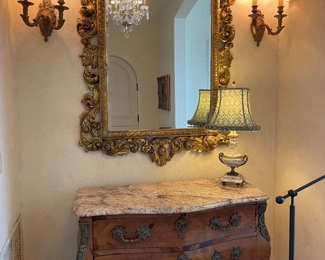 Antique  European  marble Top Commode &  Grand Gilt European wood carved Mirror