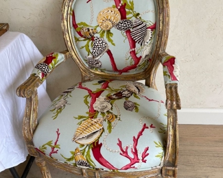 Pair of Gilt Louis XVI Style Arm chairs, newly upholstered w/ Brunswig & Fils fabric