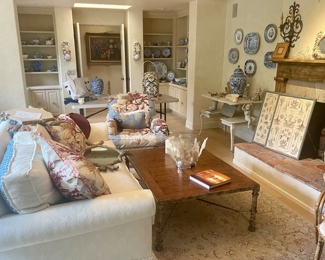 Sea shell motif  custom upholstery w/ Large collection of  Blue &White Antique  English transfer ware