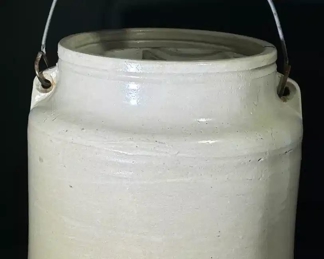 Antique lidded, handled stoneware crock