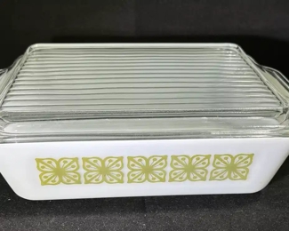 Vintage autumn floral verde covered dish from Pyrex