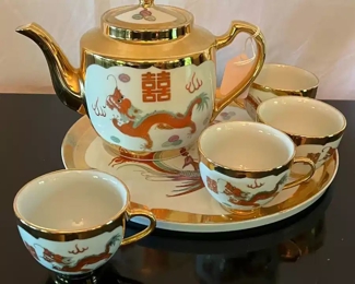 Vtg gold trimmed Asian Phoenix tea set