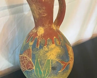 Vintage pottery pitcher w/fish