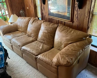 Faux leather caramel color dual reclining sectional sofa, 9.5'