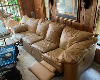 Faux leather caramel color dual reclining sectional sofa, 9.5'