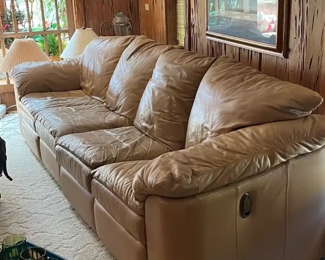 Faux leather caramel color dual reclining sectional sofa, 9.5'