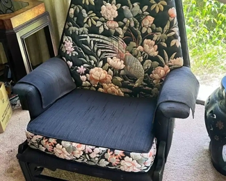 Pair or oriental fabric and dark wood chairs