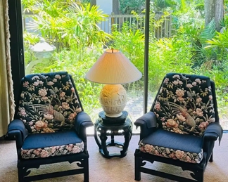 Pair or oriental fabric and dark wood chairs