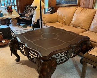 Metal elephants table, faux leather top, 39" x 39"