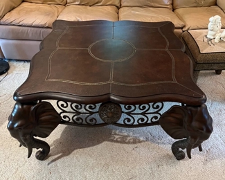 Metal elephants table, faux leather top, 39" x 39"