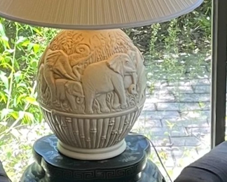 Chinese carved wood drum table, Elephant table lamp
