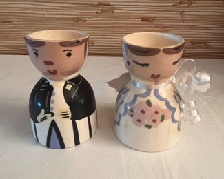 Vtg porcelain groom and bride egg cups 