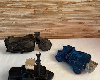 Vintage Avon Cologne Bottles; Steam ship, Motorcycle, Blue Glass Car