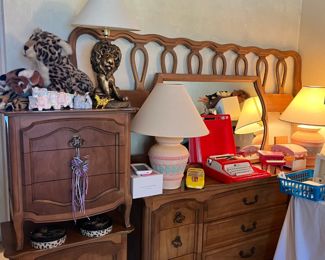 King French Provincial bedroom set: headboard, long dresser w/mirror and 2 nightstands.