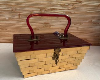 MCM Dorset Rex woven brass basket and lucite top purse 