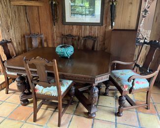 Carved solid wood table w 6 chairs and 2 leaves. Table measures 60" x 45", leaves are 18" each for total table length of 96" (8 ft) $1200