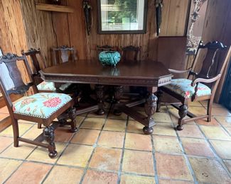 Carved solid wood table w 6 chairs and 2 leaves. Table measures 60" x 45", leaves are 18" each for total table length of 96" (8 ft) $1200