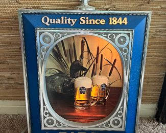 Close up: Lighted PBR beer sign, 12" x 14", as found with speckles of white overspray paint on right side