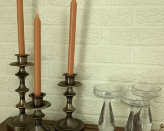 Heavy Brass Candlesticks & Glass Candle Holders